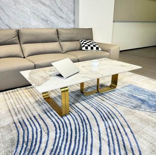 Modern Rectangular Coffee Table With Sintered Stone Top, Gold Metal Frame, For Living Room
