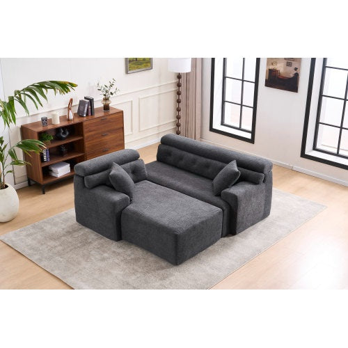 LY-029B WHITE COMPRESSION SOFA Combining Chaise Longue With 3-seater Wood Grain Chenille Fabric, Full Sponge Compression Sofa,combined Sofa With 2 Pillows For Living Home Furniture
