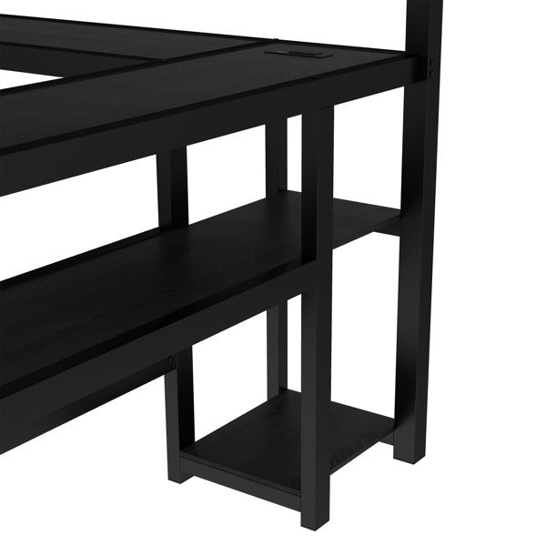 Full Sized Enlarged Bunk Bed With Desk And Shelf, Can Be Placed In Multiple Positions, Equipped With LED And USB, Black