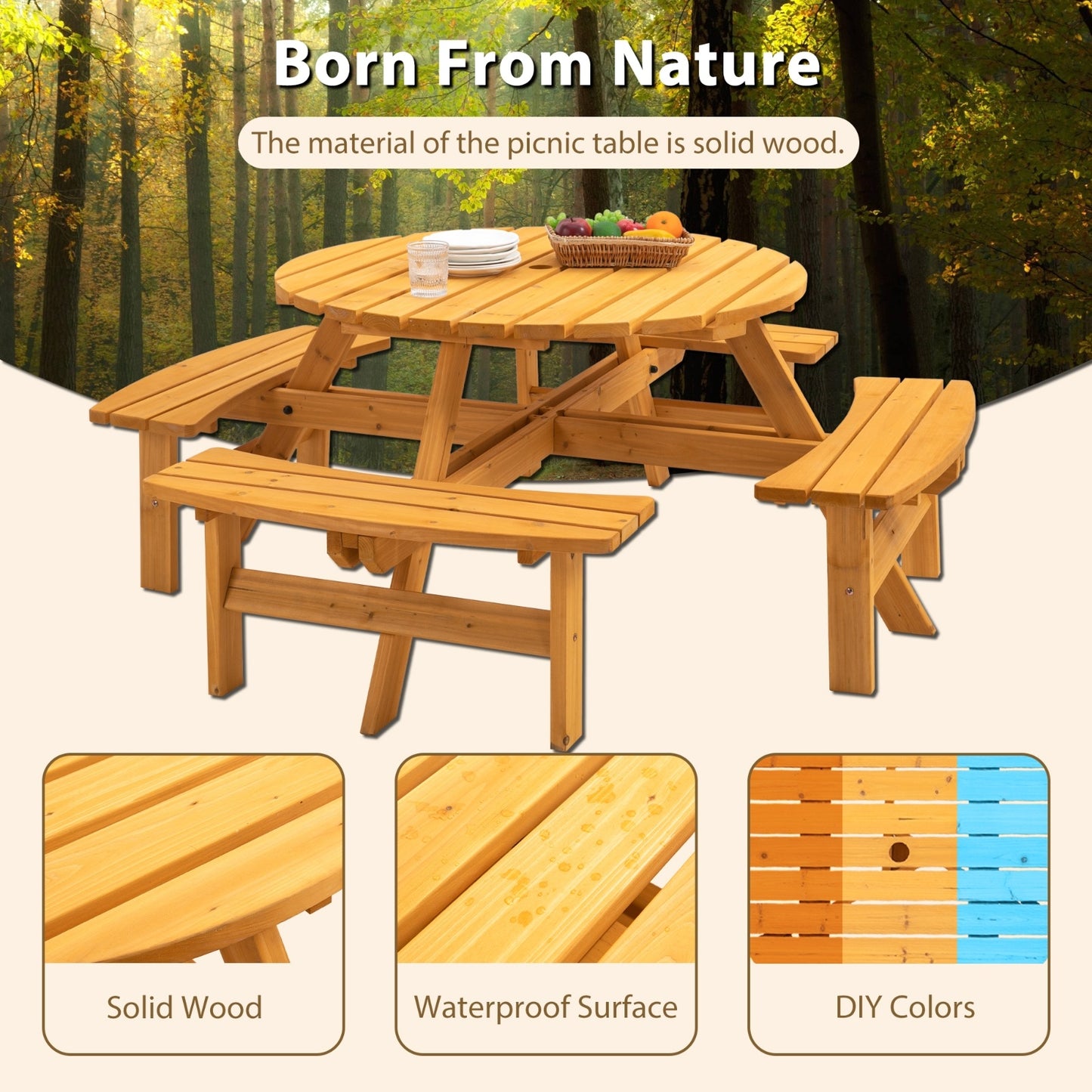 8 Person Wooden Picnic Table Outdoor Camping With 4 Built-in Benches