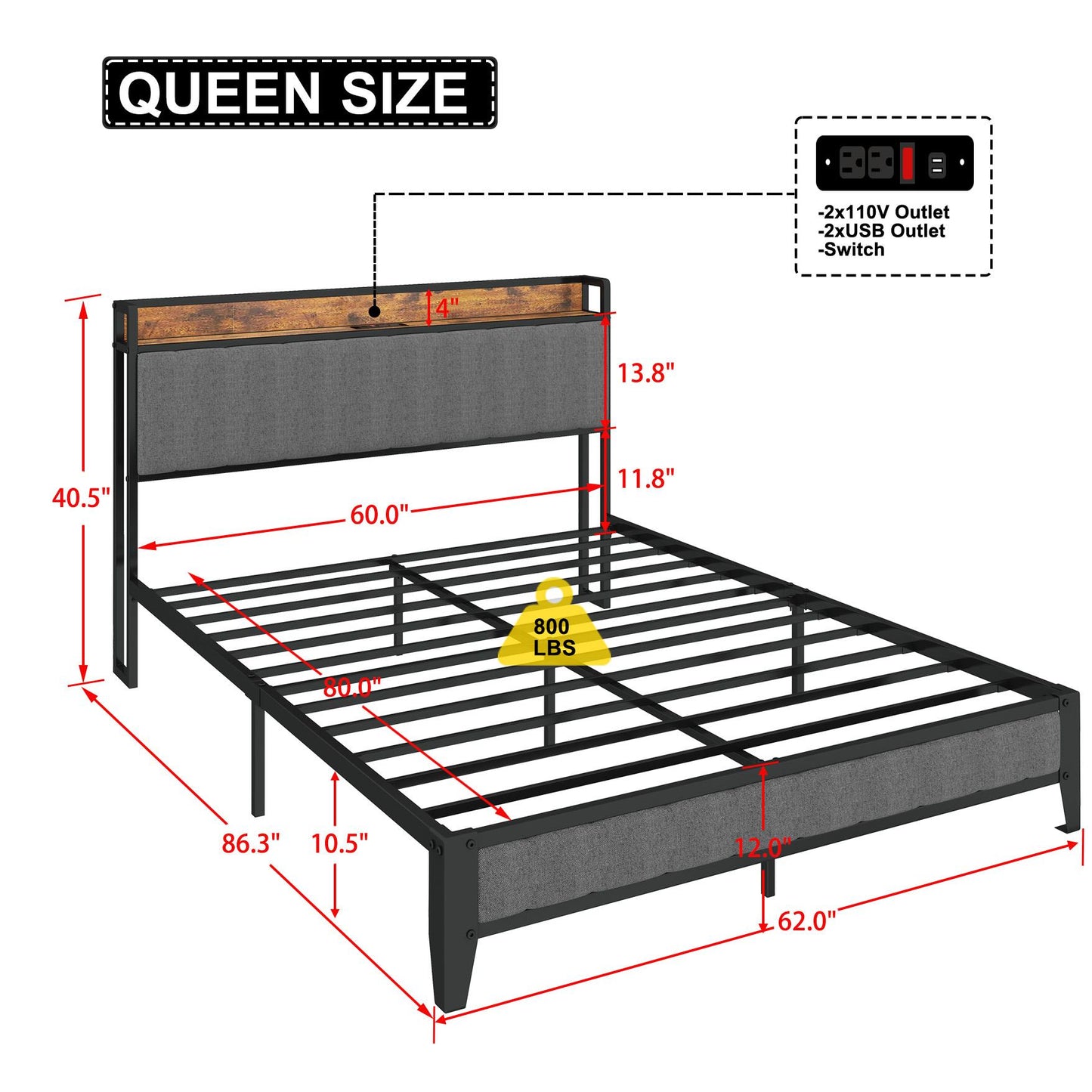 Queen-Size,Full metal bed frame with charging port at the head of the bed.