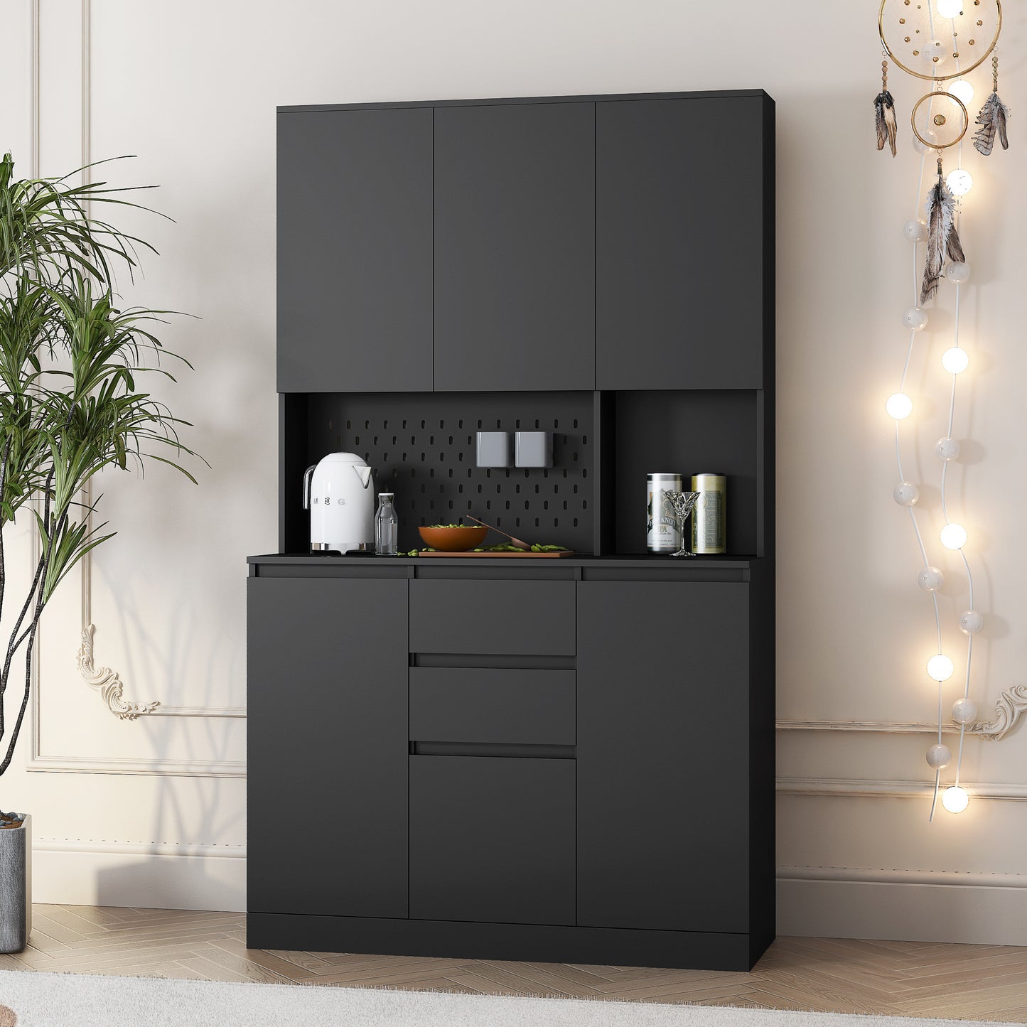 Freestanding Kitchen Pantry Cabinet Cupboard With 6 Doors,3 Shelves And 2 Drawer,Versatile Wardrobe & Kitchen Cabinet,Craft Storage Cabinet,Laundry Room Storage For Kitchen Black