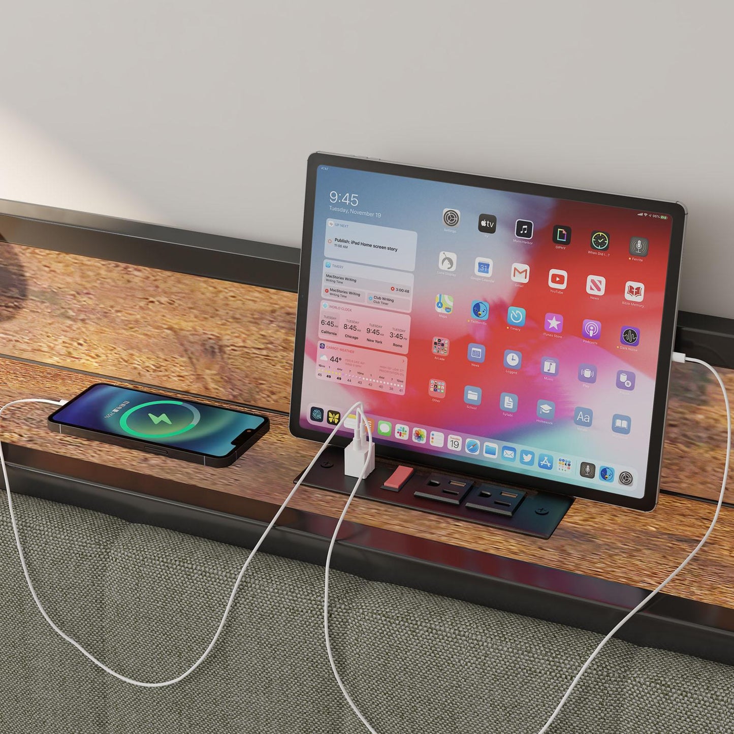 Queen-Size,Full metal bed frame with charging port at the head of the bed.