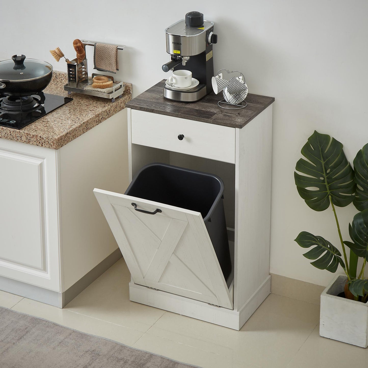 Tilt Out Trash Can Cabinet,Freestanding Wood Recycling Trash Cabinet with Drawer