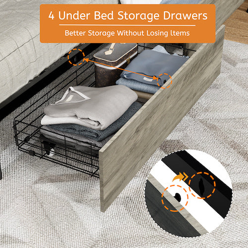 Queen Size Bed Frame With Headboard And 4 Storage Drawers , Queen Bed Frame With Charging Station And LED Lights, Wood Slats, Easy Assembly,No Box Spring Needed,Industrial Gray