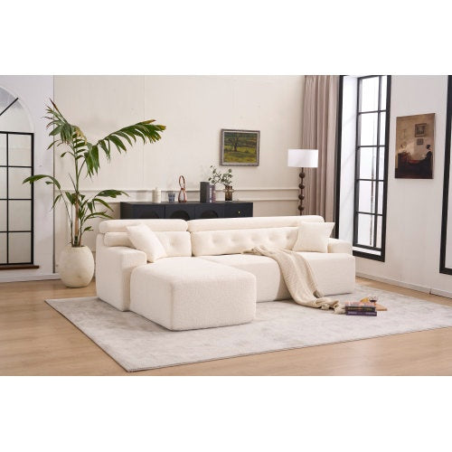 LY-029B WHITE COMPRESSION SOFA Combining Chaise Longue With 3-seater Wood Grain Chenille Fabric, Full Sponge Compression Sofa,combined Sofa With 2 Pillows For Living Home Furniture