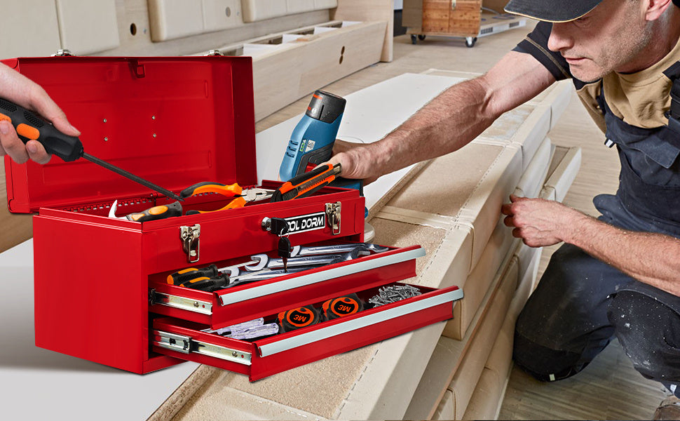 20.3inch Metal Tool Box With 2-4 Drawers Portable Steel Tool Chest With Metal Cylinder Lock And Latch Closure, Black And Red Two Color Powder Coating, Suitable For Garage, Warehouse