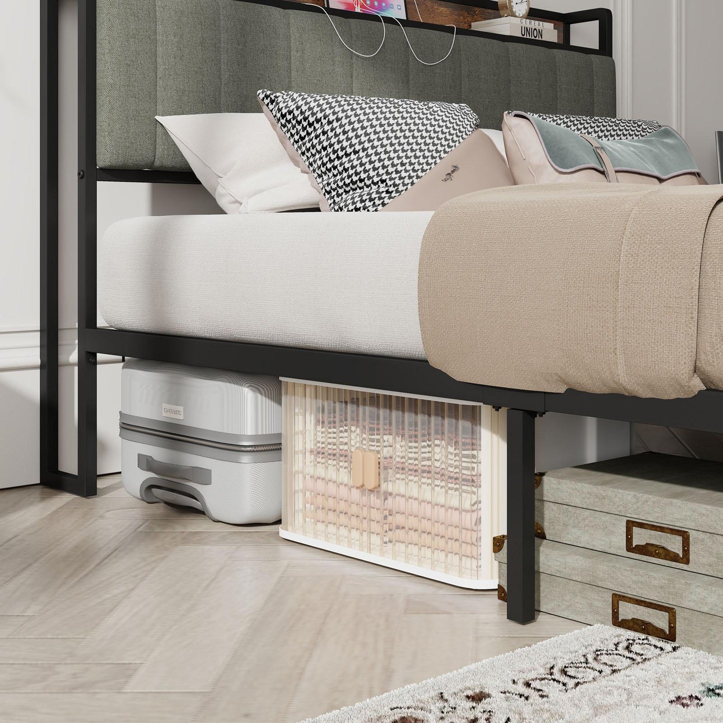 Queen-Size,Full metal bed frame with charging port at the head of the bed.