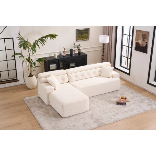 LY-029B WHITE COMPRESSION SOFA Combining Chaise Longue With 3-seater Wood Grain Chenille Fabric, Full Sponge Compression Sofa,combined Sofa With 2 Pillows For Living Home Furniture