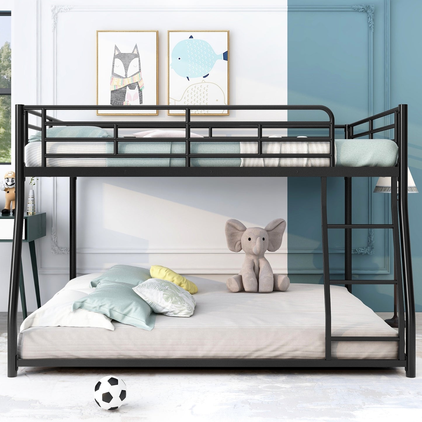 Metal Floor Bunk Bed, Full XL Over Queen, Black