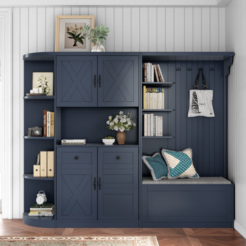 Multifunctional Left-right Combination Hall Cabinet Can Be Used Separately With Storage And 4 Hooks, Storage Cabinet Hall Tree 2 In 1 For Living Room, Kitchen And Hallway,antique Beige