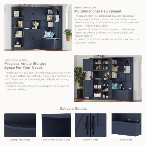 Multifunctional Left-right Combination Hall Cabinet Can Be Used Separately With Storage And 4 Hooks, Storage Cabinet Hall Tree 2 In 1 For Living Room, Kitchen And Hallway,antique Beige