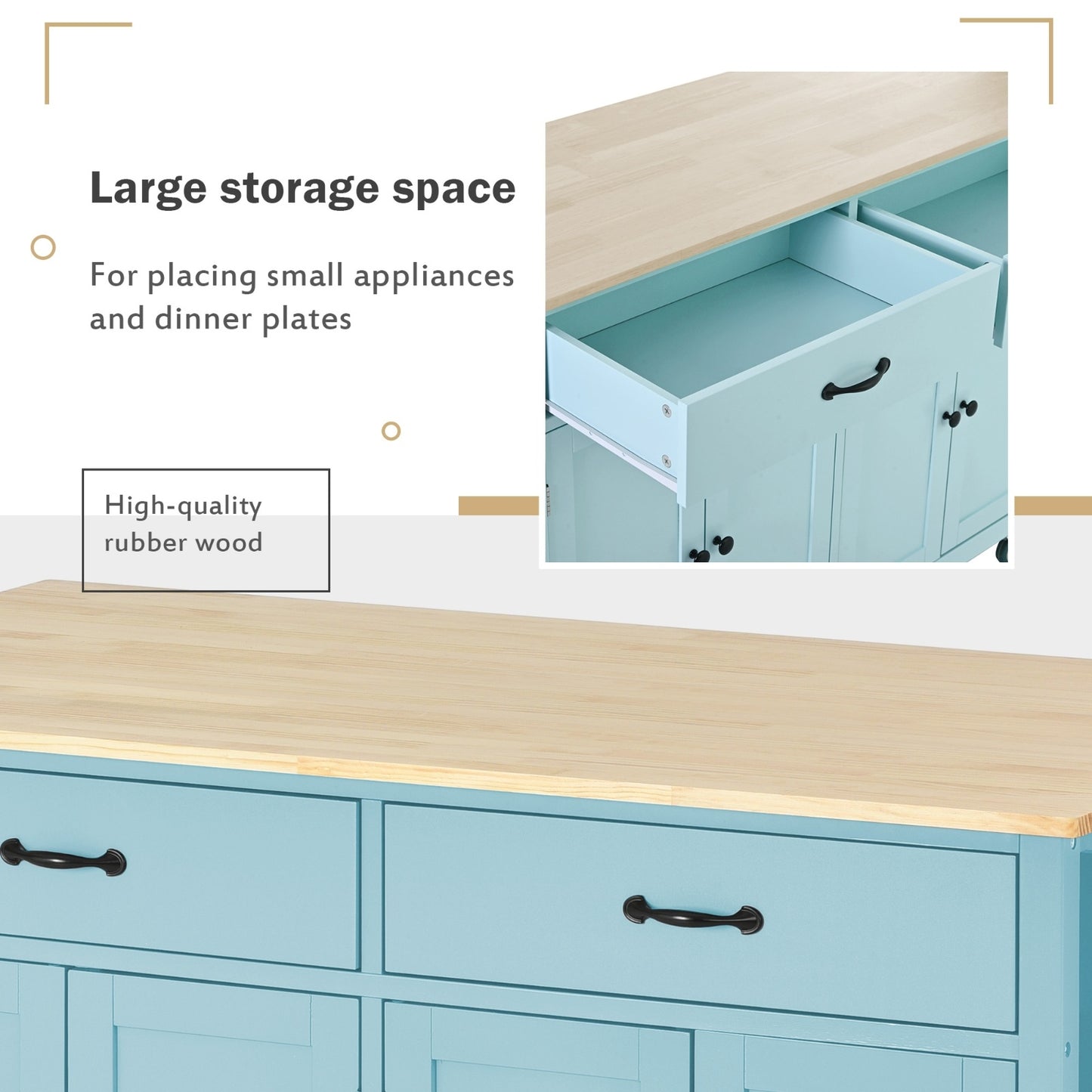 Kitchen Island Cart 4-Door Cabinet, 2 Drawers, 2 Locking Wheels, Solid Wood Top