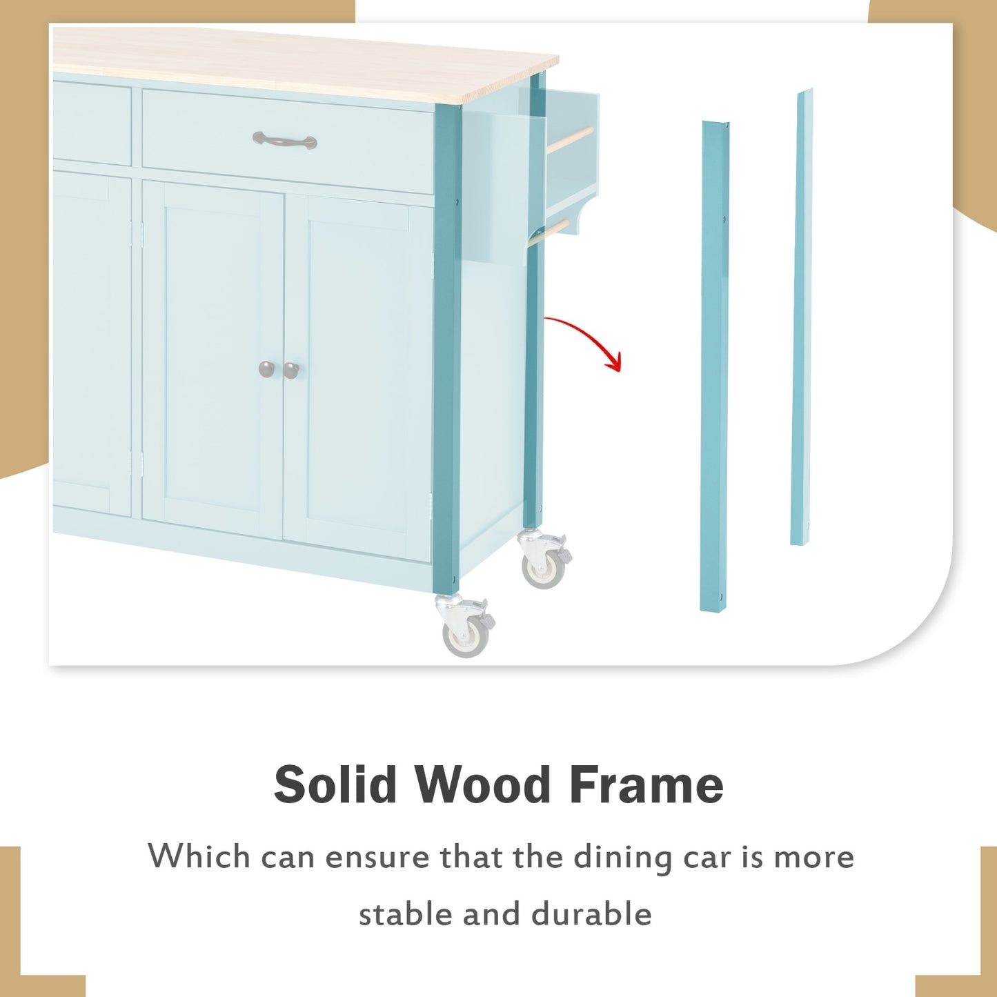 Kitchen Island Cart 4-Door Cabinet, 2 Drawers, 2 Locking Wheels, Solid Wood Top