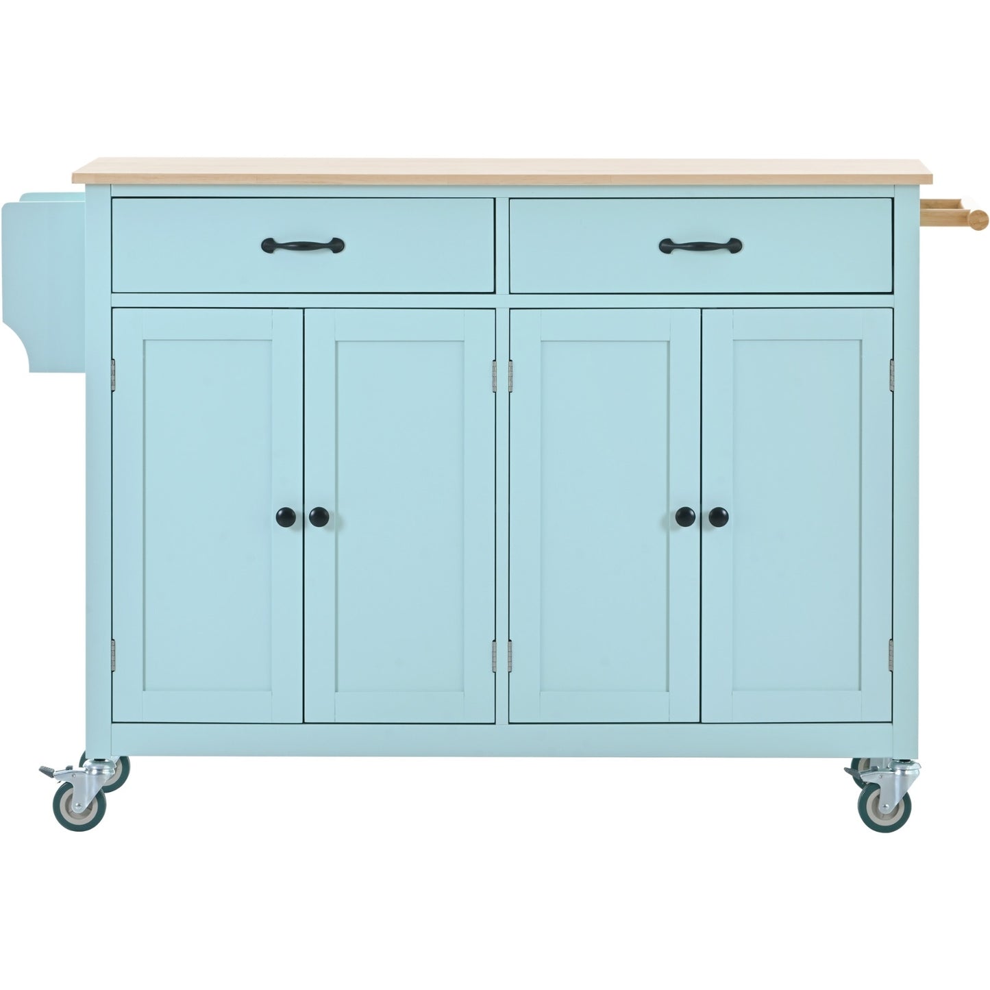 Kitchen Island Cart 4-Door Cabinet, 2 Drawers, 2 Locking Wheels, Solid Wood Top