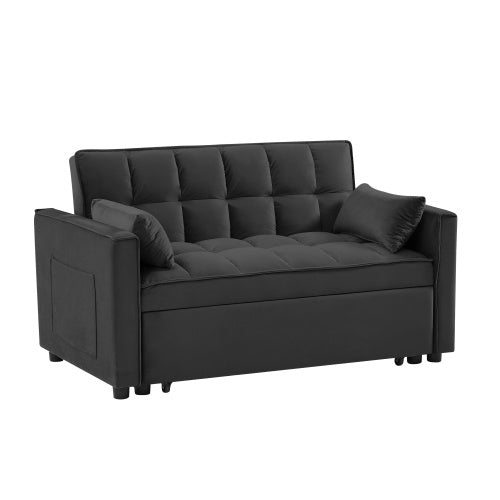 Modern Velvet Loveseat Futon Sofa Couch W Pullout Bed,Small Love Seat Lounge Sofa W Reclining Backrest,Toss Pillows, Pockets,Furniture For Living Room,3 In 1 Convertible Sleeper Sofa Bed, Black
