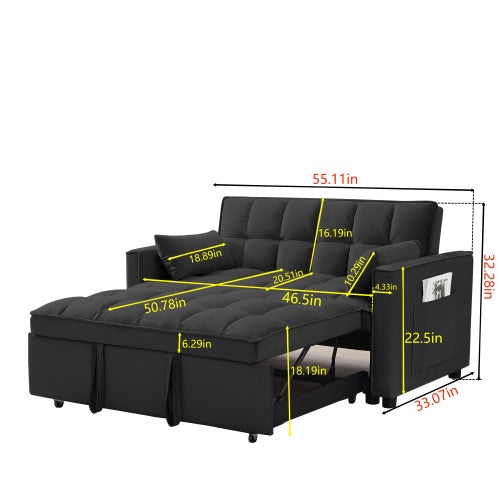 Modern Velvet Loveseat Futon Sofa Couch W Pullout Bed,Small Love Seat Lounge Sofa W Reclining Backrest,Toss Pillows, Pockets,Furniture For Living Room,3 In 1 Convertible Sleeper Sofa Bed, Black
