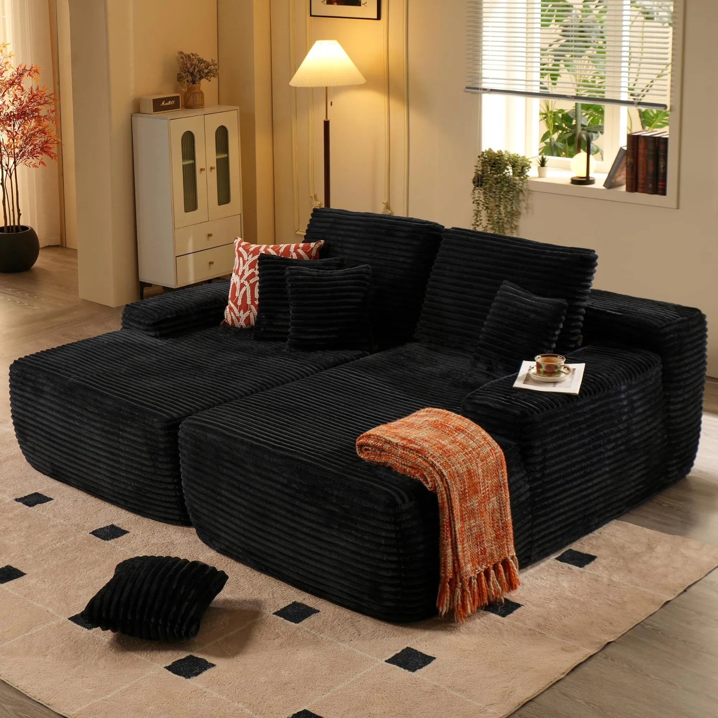 Oversized Double Lounge Chaise,Cloud Plush Sofa Bed,Upholstered Boneless Cloud Sofa Deep Seat,No Assembly Required,Modern Corduroy Sleeper Loveseat Chair For Living Room Bedroom Reading,Black