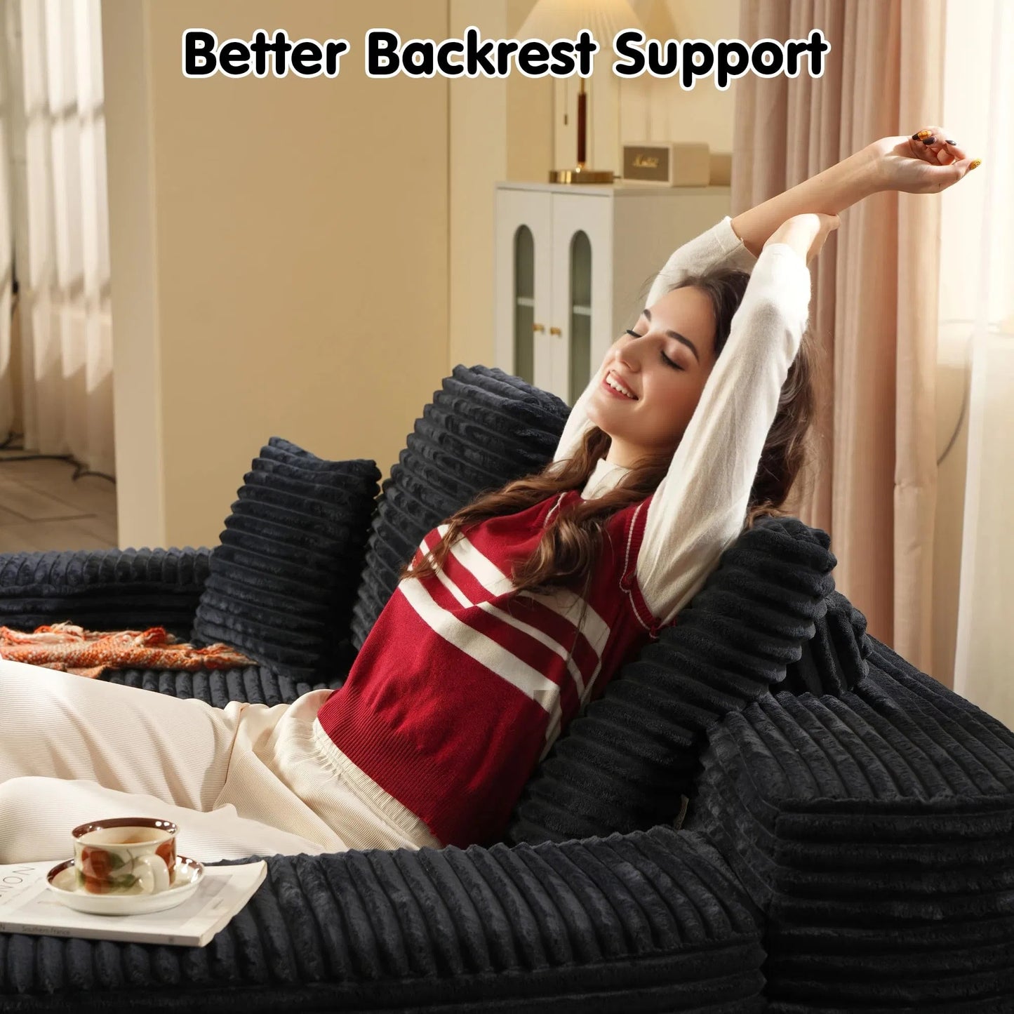 Oversized Double Lounge Chaise,Cloud Plush Sofa Bed,Upholstered Boneless Cloud Sofa Deep Seat,No Assembly Required,Modern Corduroy Sleeper Loveseat Chair For Living Room Bedroom Reading,Black