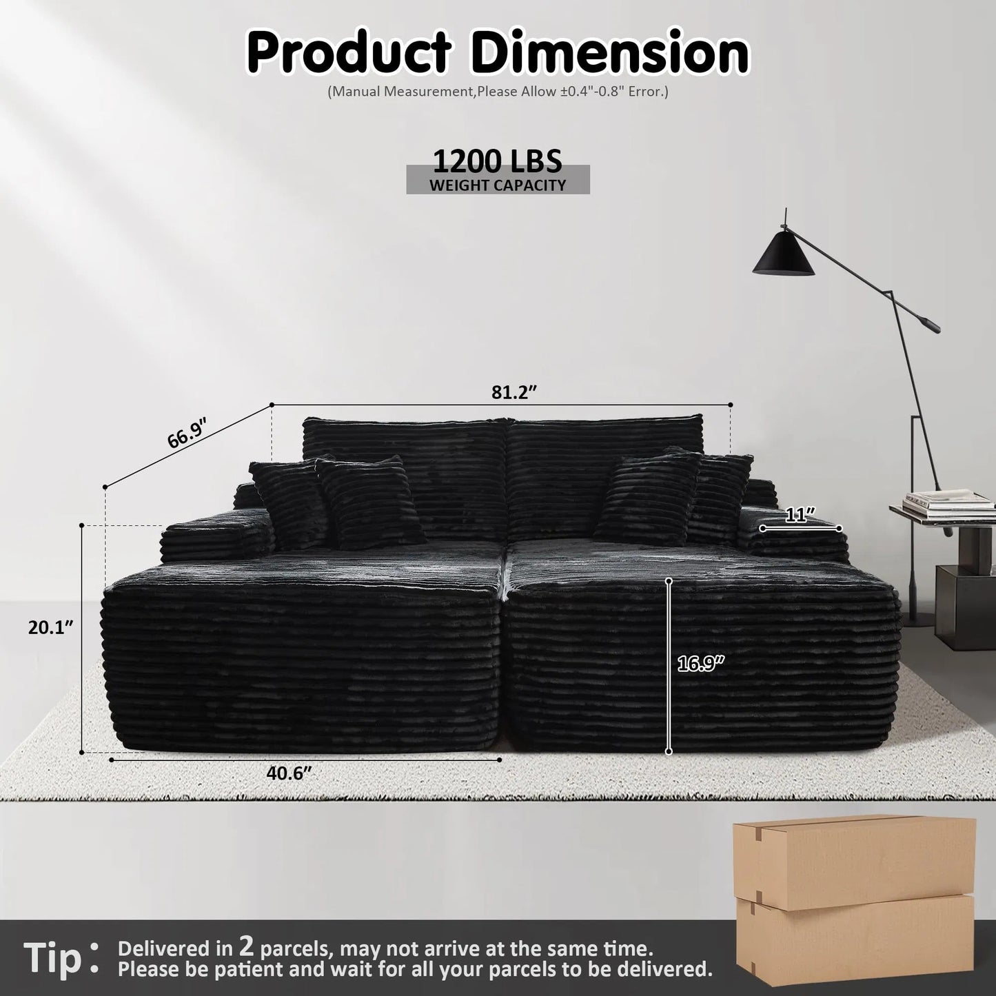 Oversized Double Lounge Chaise,Cloud Plush Sofa Bed,Upholstered Boneless Cloud Sofa Deep Seat,No Assembly Required,Modern Corduroy Sleeper Loveseat Chair For Living Room Bedroom Reading,Black