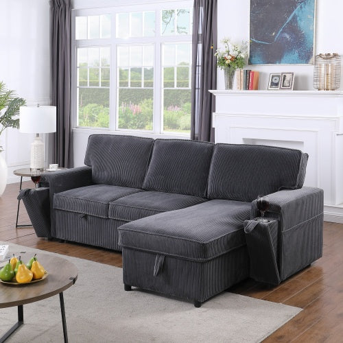 U STYLE Upholstery Sleeper GREY Sectional Sofa With Storage Space