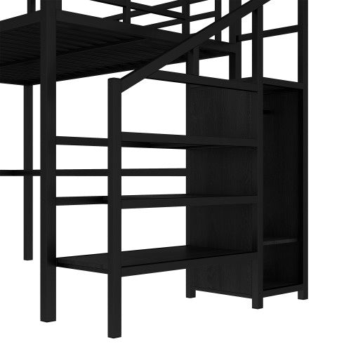 Full Size Loft Bed With L-shaped Desk And USB, Metal Loft Bed With Wardrobe And Adjustable Shelf, High Loft Bed With LED For Kids Teens Adults, Black