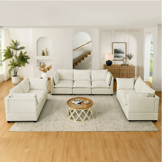 3-Piece Chenille Fabric Upholstered Living Room Furniture Set, Including 3-Seater Sofa AndV2 Loveseat Sofa With Seat And Back Cushion Beige White