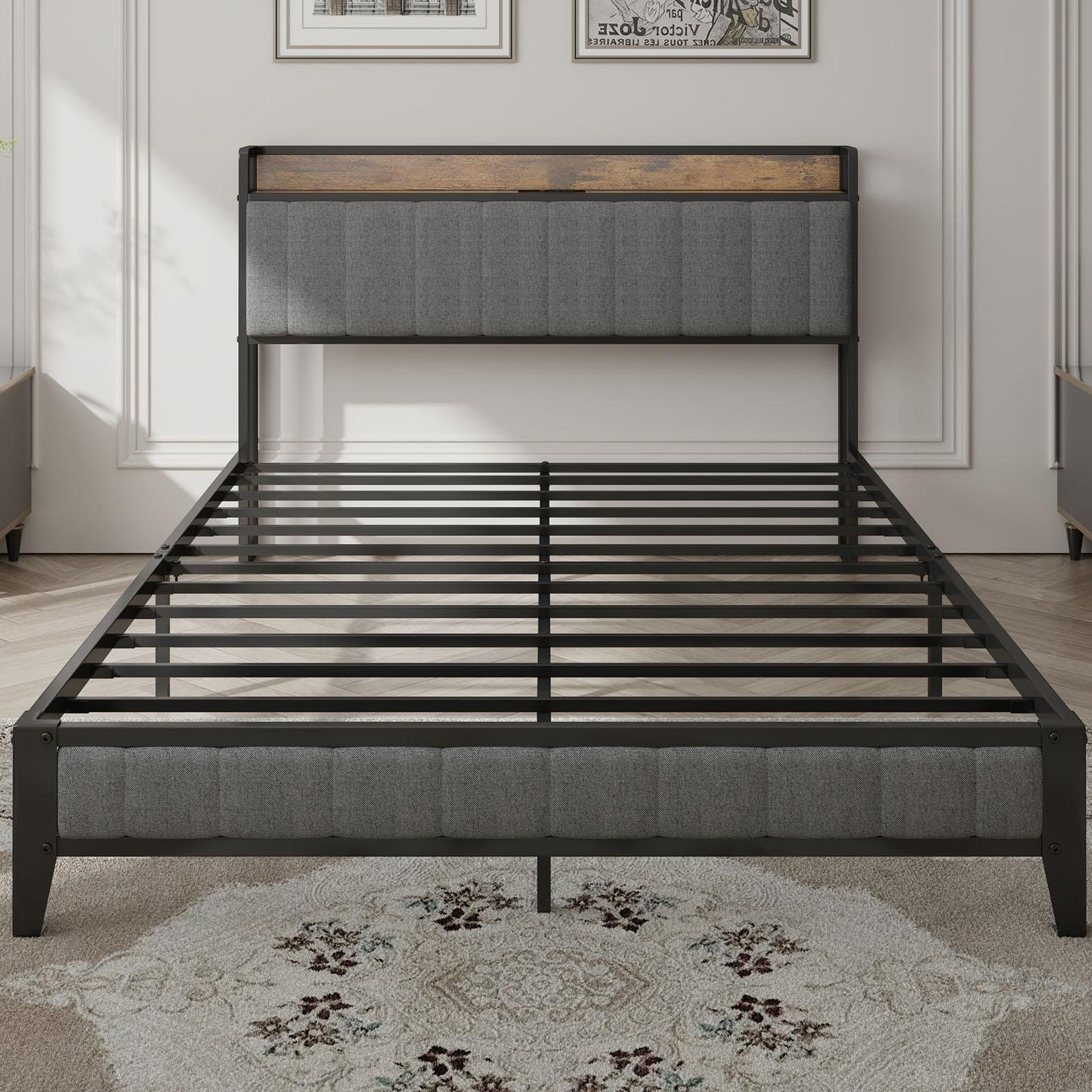 Queen-Size,Full metal bed frame with charging port at the head of the bed.