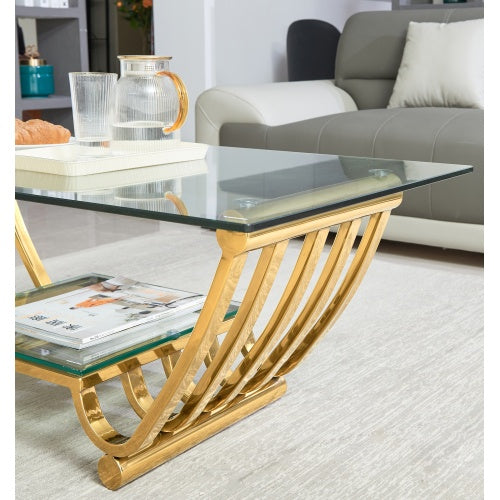 47 Rectangle Modern Stainless Steel Coffee Table, Double-Layer Clear Tempered Glass Coffee Table, Center Table Table With Storage, For Living Room Home Office, Easy Assembly, Gold