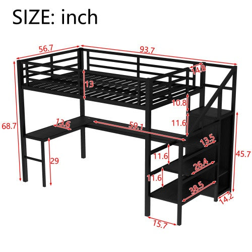 Full Size Loft Bed With L-shaped Desk And USB, Metal Loft Bed With Wardrobe And Adjustable Shelf, High Loft Bed With LED For Kids Teens Adults, Black