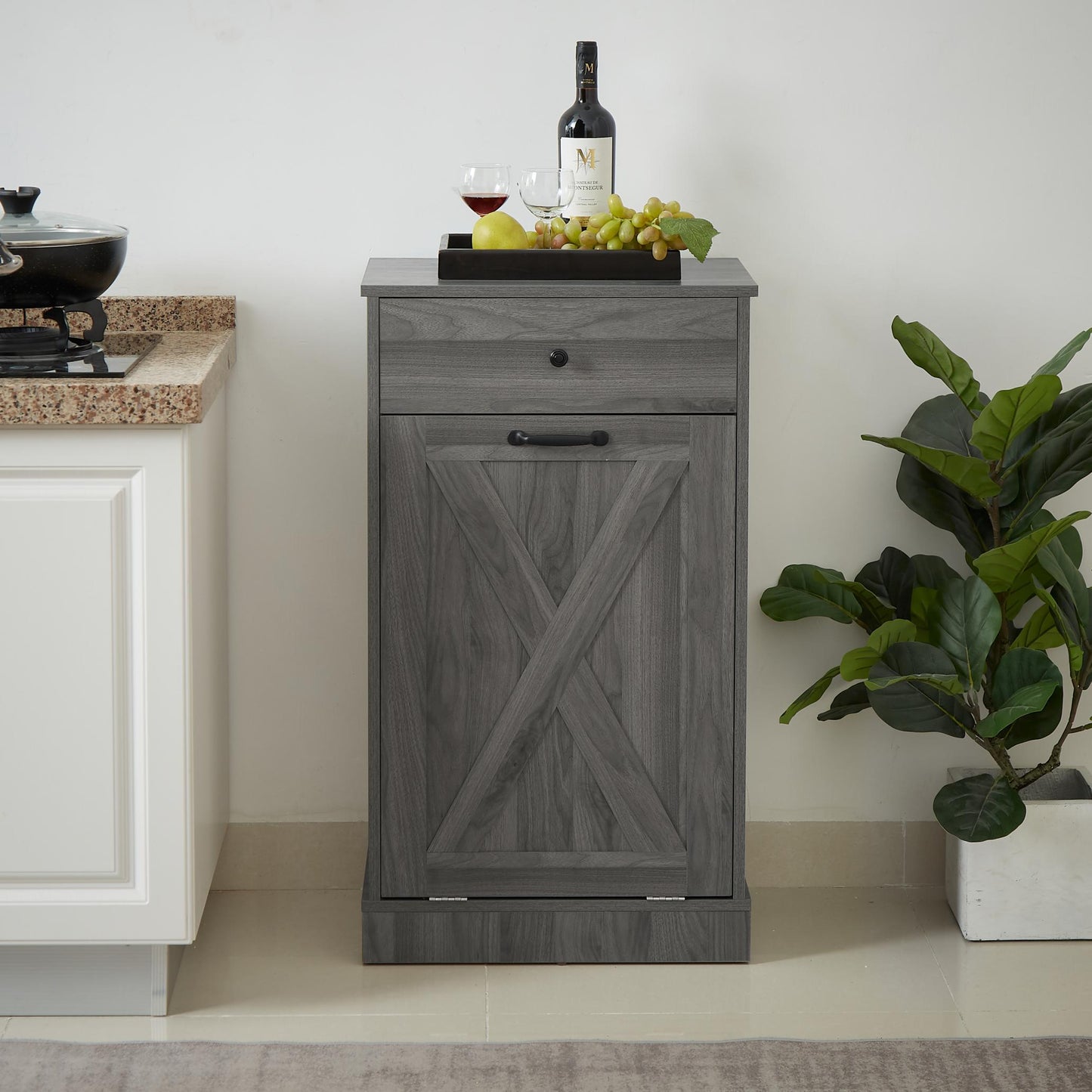 Tilt Out Trash Can Cabinet,Freestanding Wood Recycling Trash Cabinet with Drawer