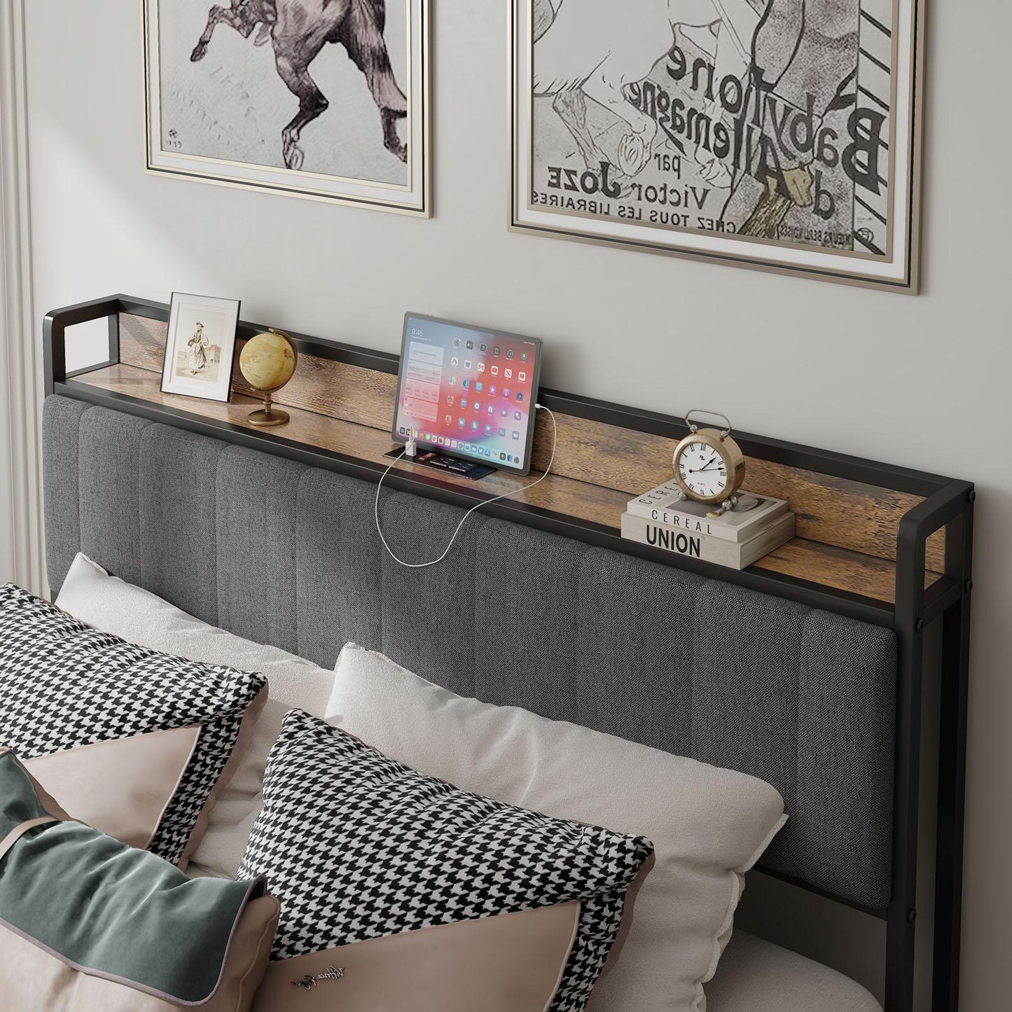 Queen-Size,Full metal bed frame with charging port at the head of the bed.