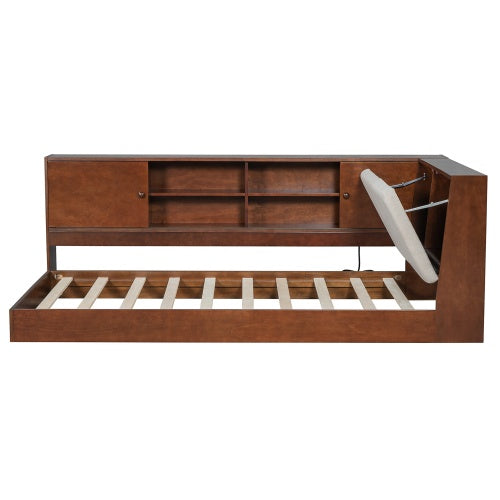 Wooden Twin Size L-shaped Daybed Floor Corner Bed With Storage Bookcase And Upholstered Headboard And USB Charging Ports For Limited Space