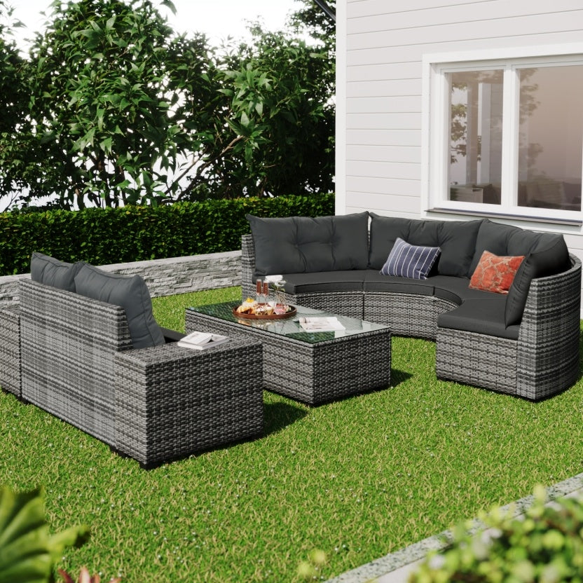 8-Pc Outdoor Wicker Round Sofa Set, Half-Moon All-Weather Curved Sectional