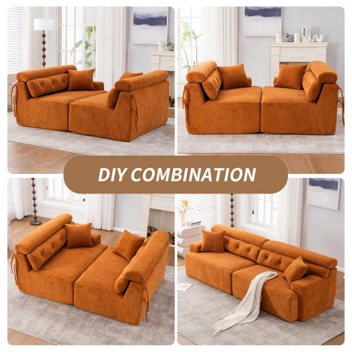 LY-029 ORANGE COMPRESSION SOFA 4-seater Combined Sofa, Wood Grain Chenille Fabric, Full Sponge Compression Sofa,combined Sofa With 2 Pillows For Living Home Furniture Apartment