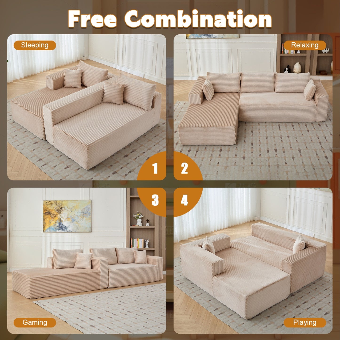 L-Shaped Compression Sofa Bed, Convertible Sectional Sofa With Pillow Back Support - Foldable Floor Couch Lounger, Corduroy Fabric Futon Sleeper For Living Room, Bedroom, Game Room NO TEMU