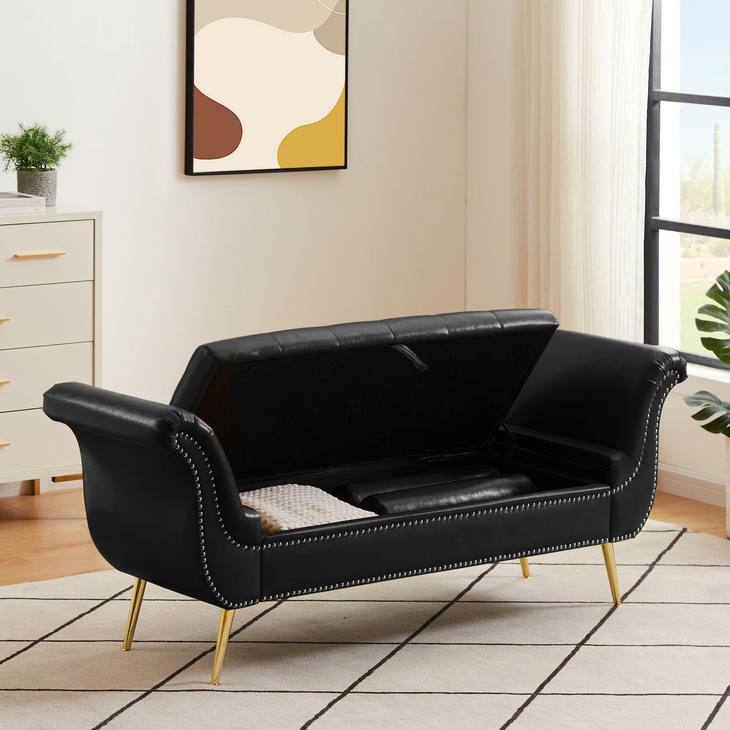 Sitting Bench PU Leather with Storage Space and 2 Pillows Hardware Feet
