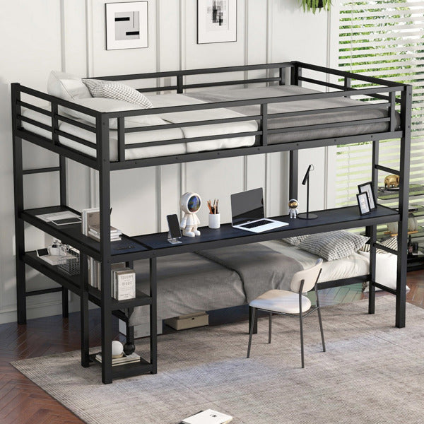 Full Sized Enlarged Bunk Bed With Desk And Shelf, Can Be Placed In Multiple Positions, Equipped With LED And USB, Black