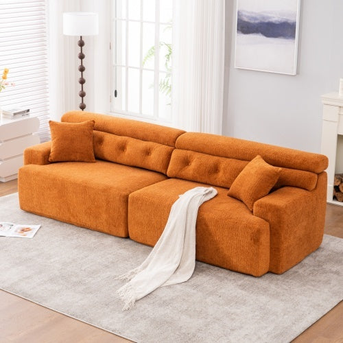 LY-029 ORANGE COMPRESSION SOFA 4-seater Combined Sofa, Wood Grain Chenille Fabric, Full Sponge Compression Sofa,combined Sofa With 2 Pillows For Living Home Furniture Apartment