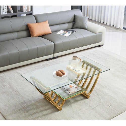 47 Rectangle Modern Stainless Steel Coffee Table, Double-Layer Clear Tempered Glass Coffee Table, Center Table Table With Storage, For Living Room Home Office, Easy Assembly, Gold