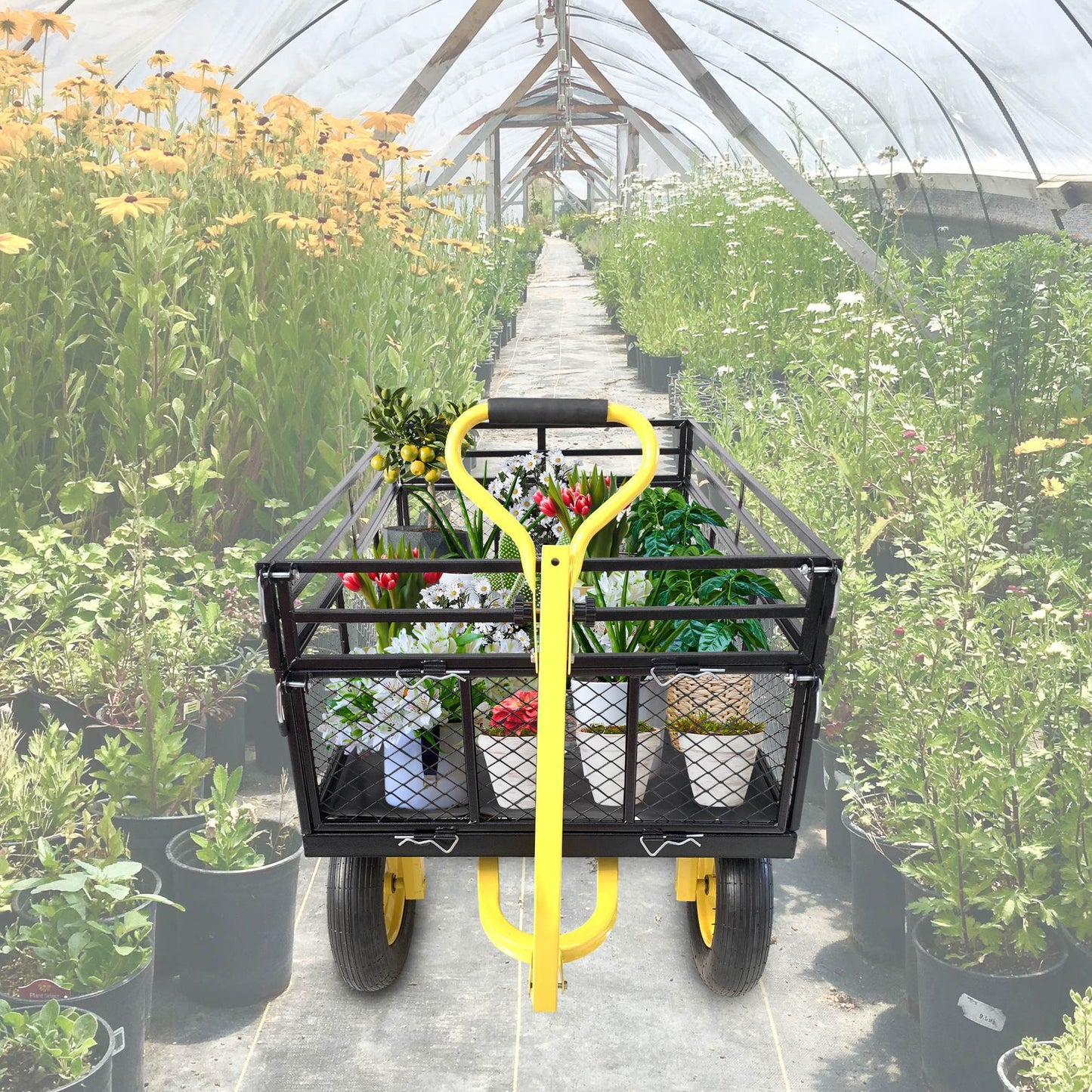 Steel Garden Cart, Heavy Duty 1400 Lbs Capacity, With Removable Mesh Sides To Convert Into Flatbed, Utility Metal Wagon With 2-in-1 Handle And 16 In Tires, Perfect For Garden, Farm, Yard