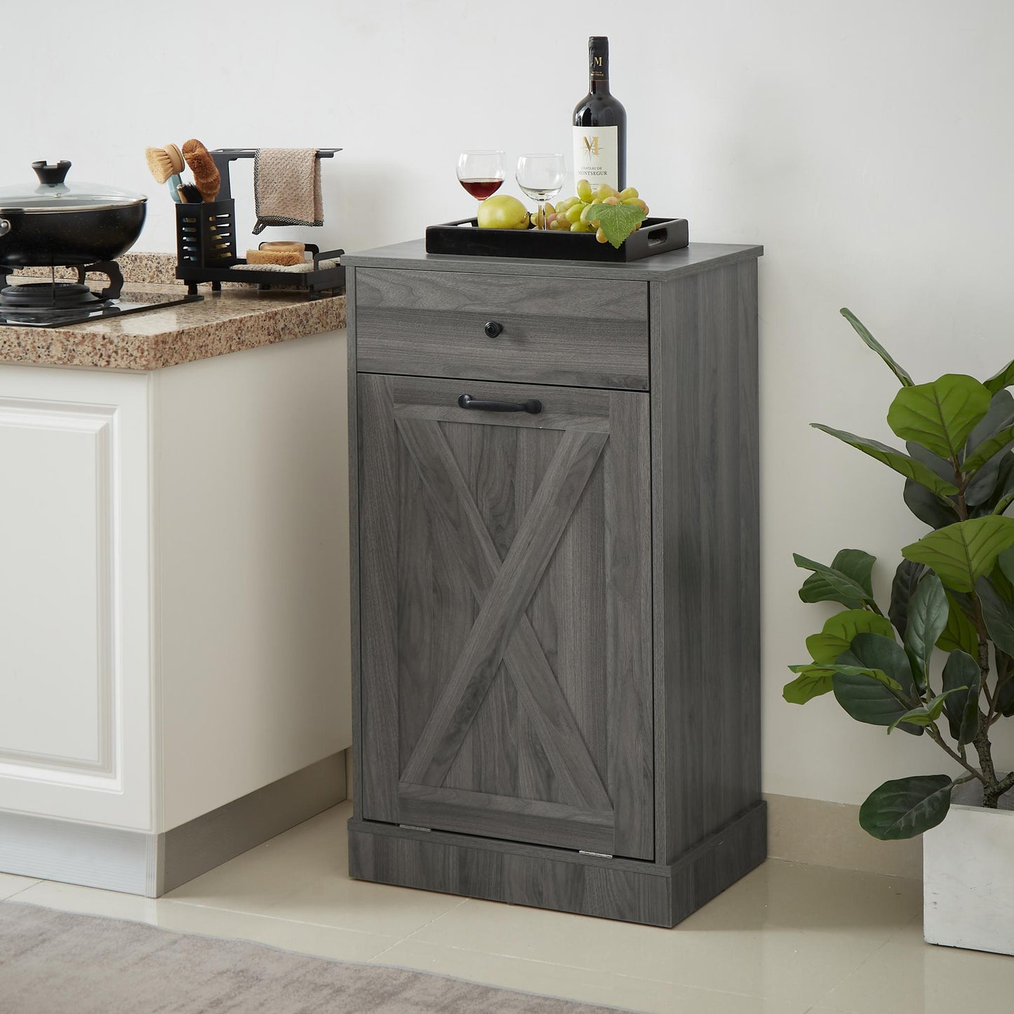 Tilt Out Trash Can Cabinet,Freestanding Wood Recycling Trash Cabinet with Drawer