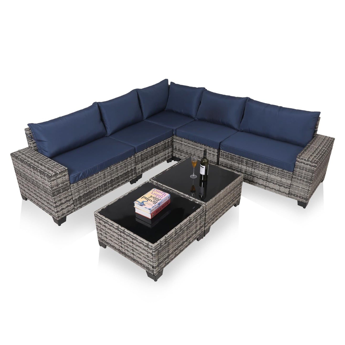 7-Piece Outdoor Patio Furniture Sets, All-Weather Wicker Rattan Sectional Sofa, Modern Two Glass Coffee Table And Washable Seat Cushion