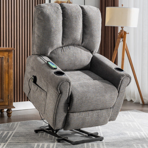 Electric Lift Grey Senior Chair - Single Motor, Heated Massage, Stand Assist, Storage Pockets, Cup Holders