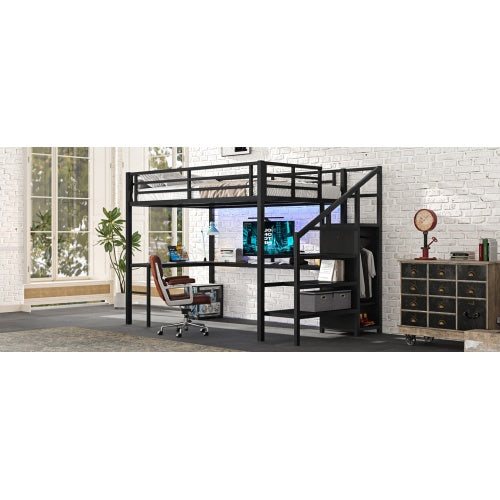 Full Size Loft Bed With L-shaped Desk And USB, Metal Loft Bed With Wardrobe And Adjustable Shelf, High Loft Bed With LED For Kids Teens Adults, Black