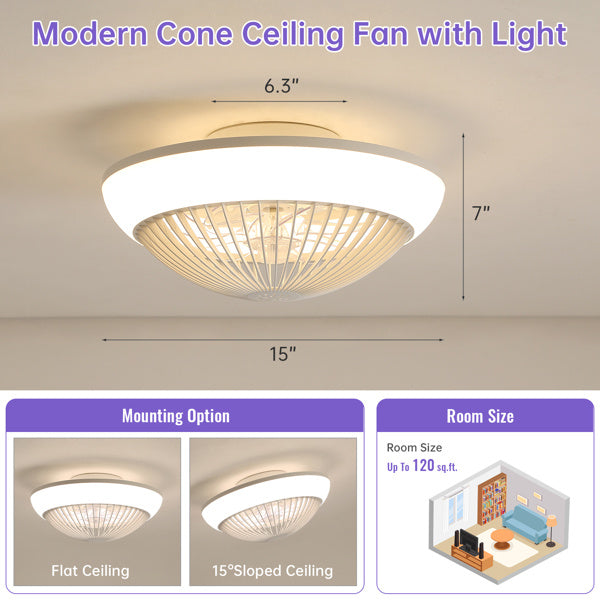 15 Inch RGB Dimmable LED Enclosed Ceiling Fan With Light, Modern Bladeless 6-speed Remote Control Suitable For Bedrooms, Children's Rooms, Parties