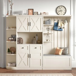 Multifunctional Left-right Combination Hall Cabinet Can Be Used Separately With Storage And 4 Hooks, Storage Cabinet Hall Tree 2 In 1 For Living Room, Kitchen And Hallway,antique Beige