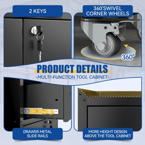 2 Door X 1 Drawer Tool Cabinets For Garage, Lockable Garage Storage Cabinet, Locking Metal Storage Cabinet With Wheels, Rolling Tool Chest, Assembly Required H35.4  W30.3xD18