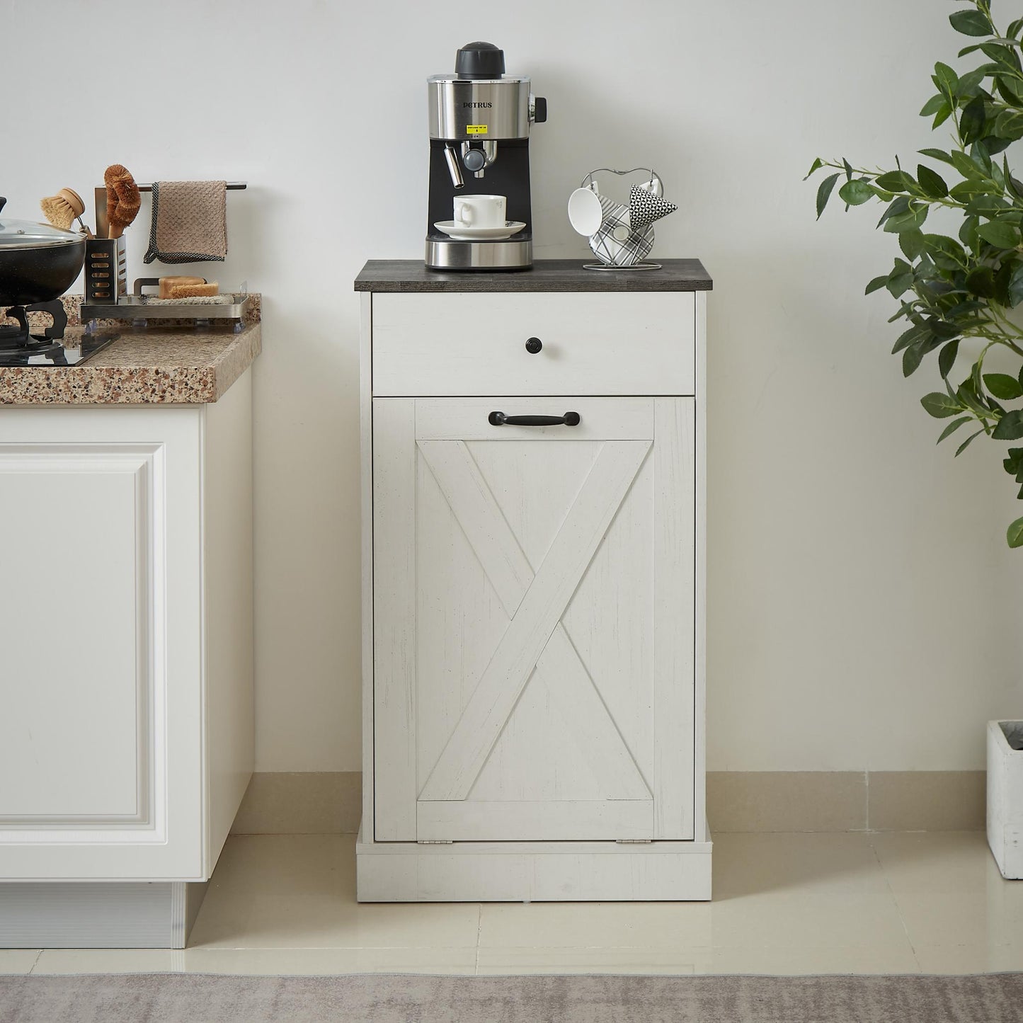 Tilt Out Trash Can Cabinet,Freestanding Wood Recycling Trash Cabinet with Drawer
