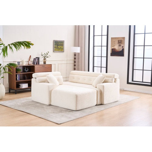 LY-029B WHITE COMPRESSION SOFA Combining Chaise Longue With 3-seater Wood Grain Chenille Fabric, Full Sponge Compression Sofa,combined Sofa With 2 Pillows For Living Home Furniture